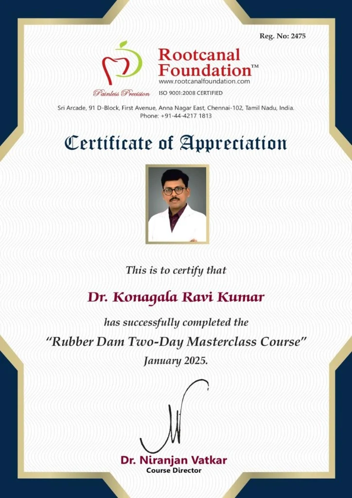 Root Canal Foundation certificate — Rubber Dam Two-Day Masterclass (January 2025), Dr. Konagala Ravi Kumar