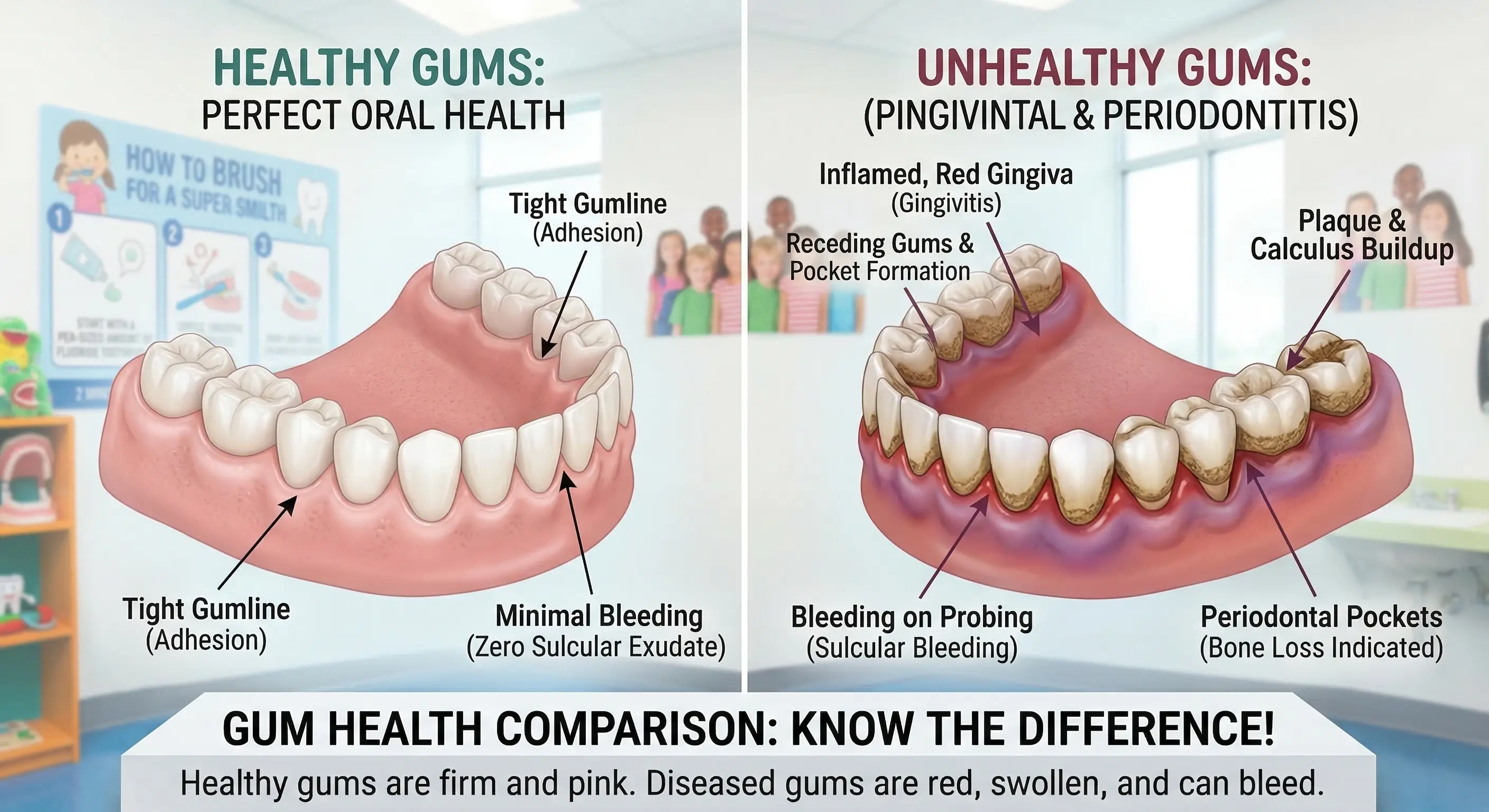 Healthy vs unhealthy gums comparison — gum disease stages at Ravi's Dental Care Vizag