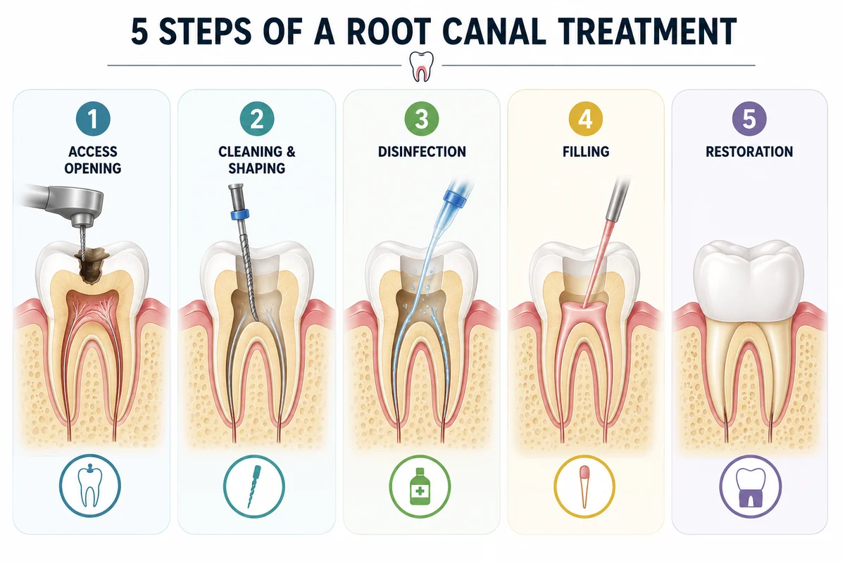 The five steps of a root canal treatment: access opening, cleaning and shaping, disinfection, filling the canals and final restoration
