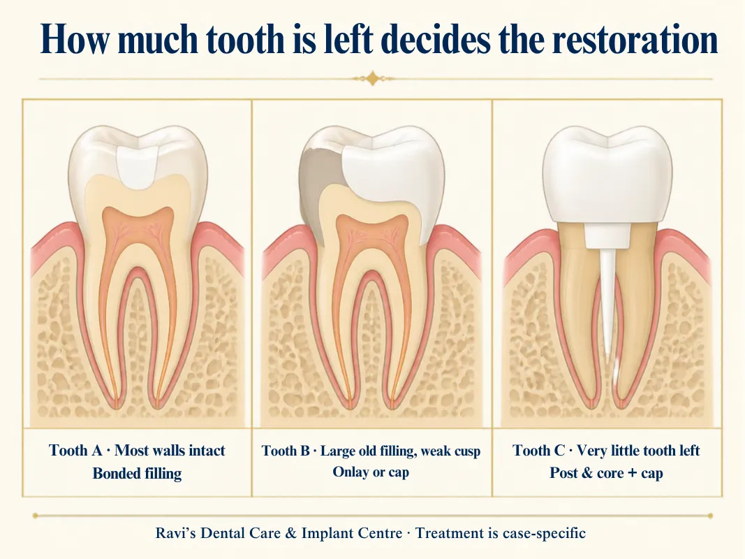 Filling vs onlay vs crown after root canal: three molars showing how remaining tooth structure decides the restoration