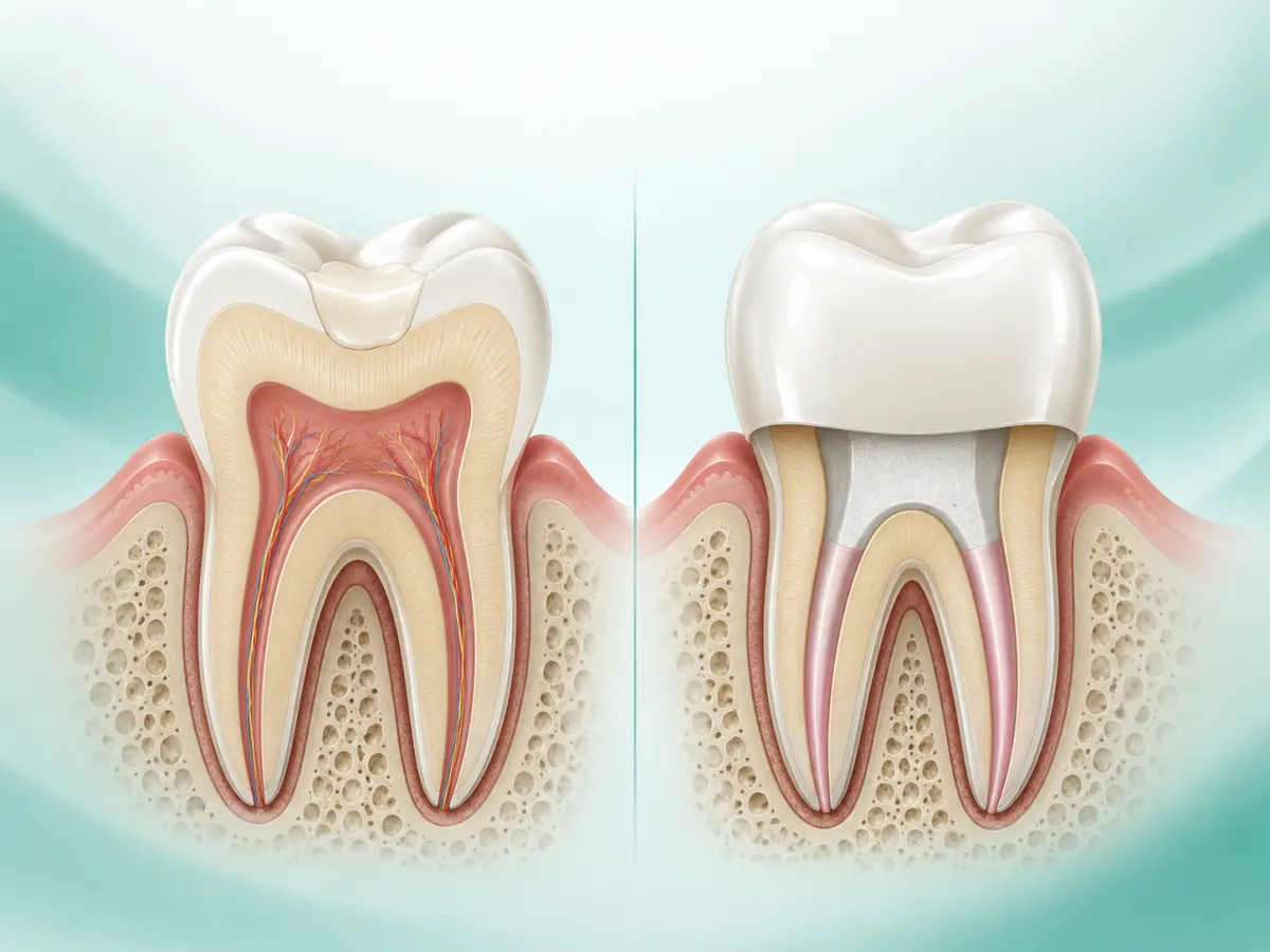 Cross-section illustration of a molar with a filling and a living pulp (left) beside a root canal treated molar with sealed canals and a crown (right)