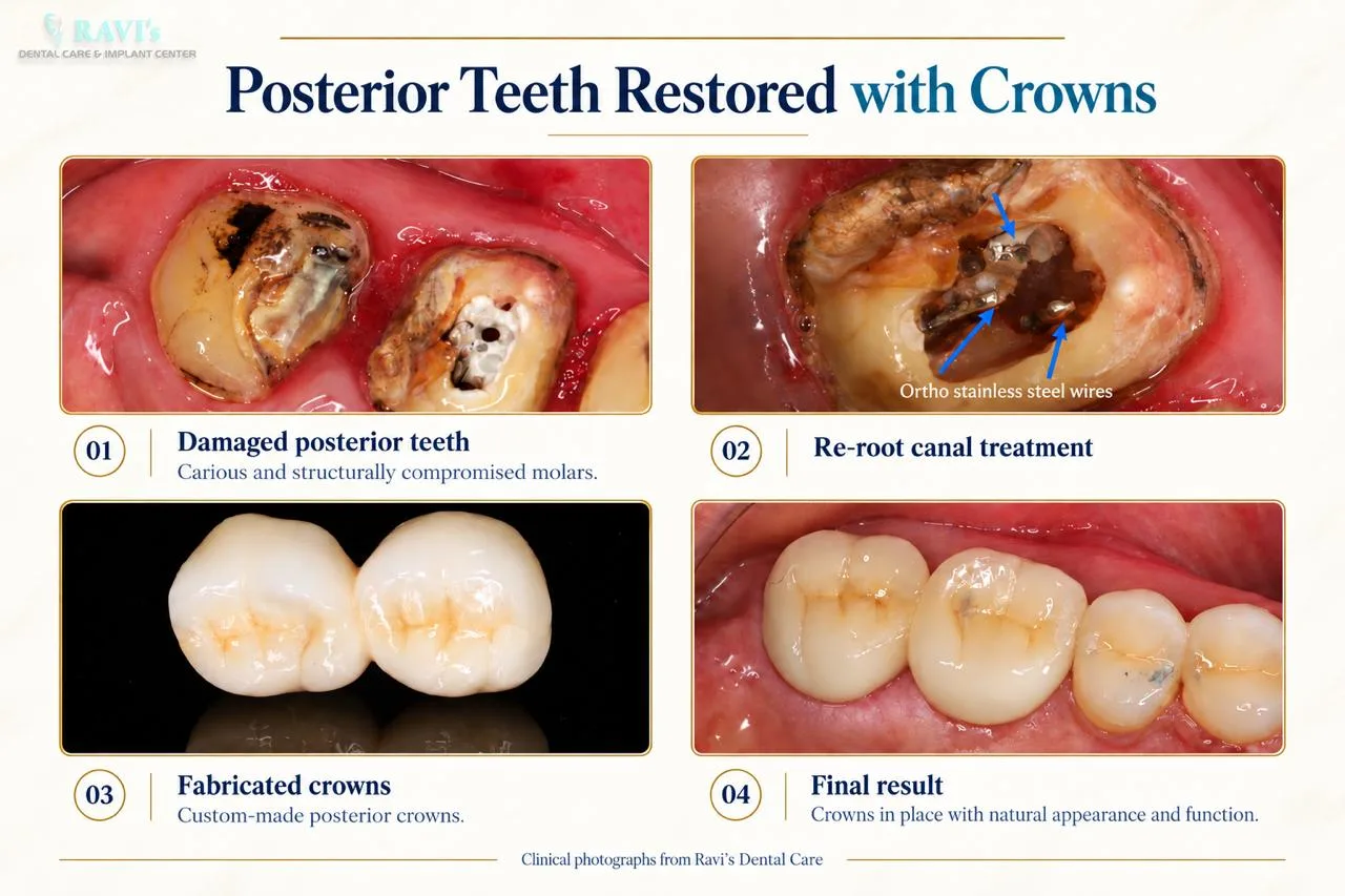 Structurally damaged molars after re-root canal treatment restored with crowns — Ravi's Dental Care Vizag