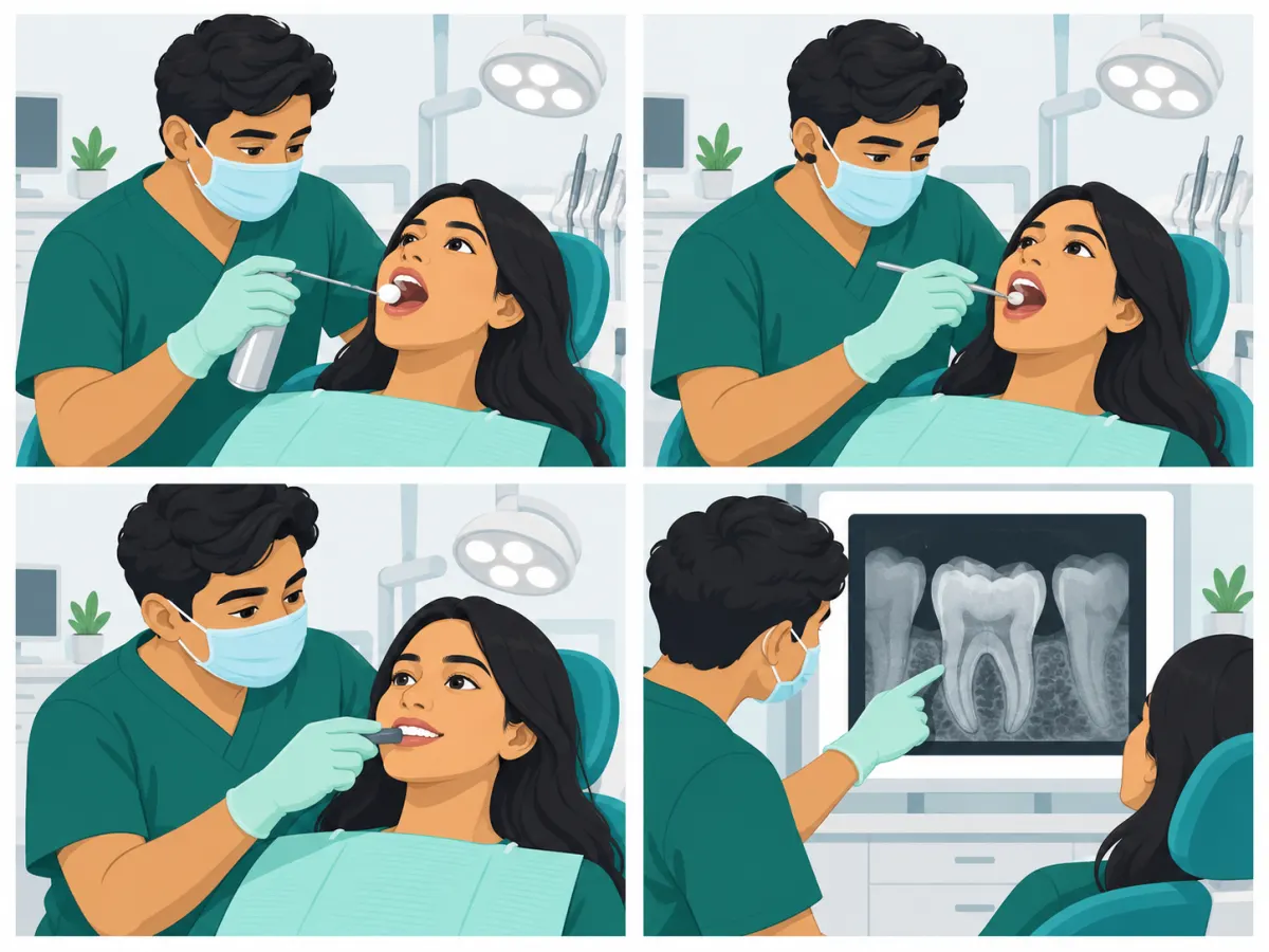Four-step dental diagnosis illustration: cold pulp sensibility test, tooth examination, bite test and a dentist explaining a dental X-ray to a patient