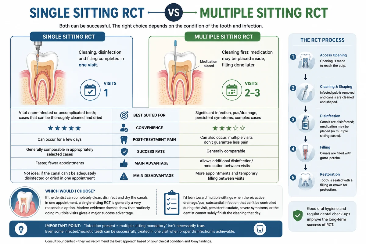 Comparison chart of single sitting RCT versus multiple sitting RCT showing visits, best-suited cases, convenience, post-treatment pain, success rate and main advantages