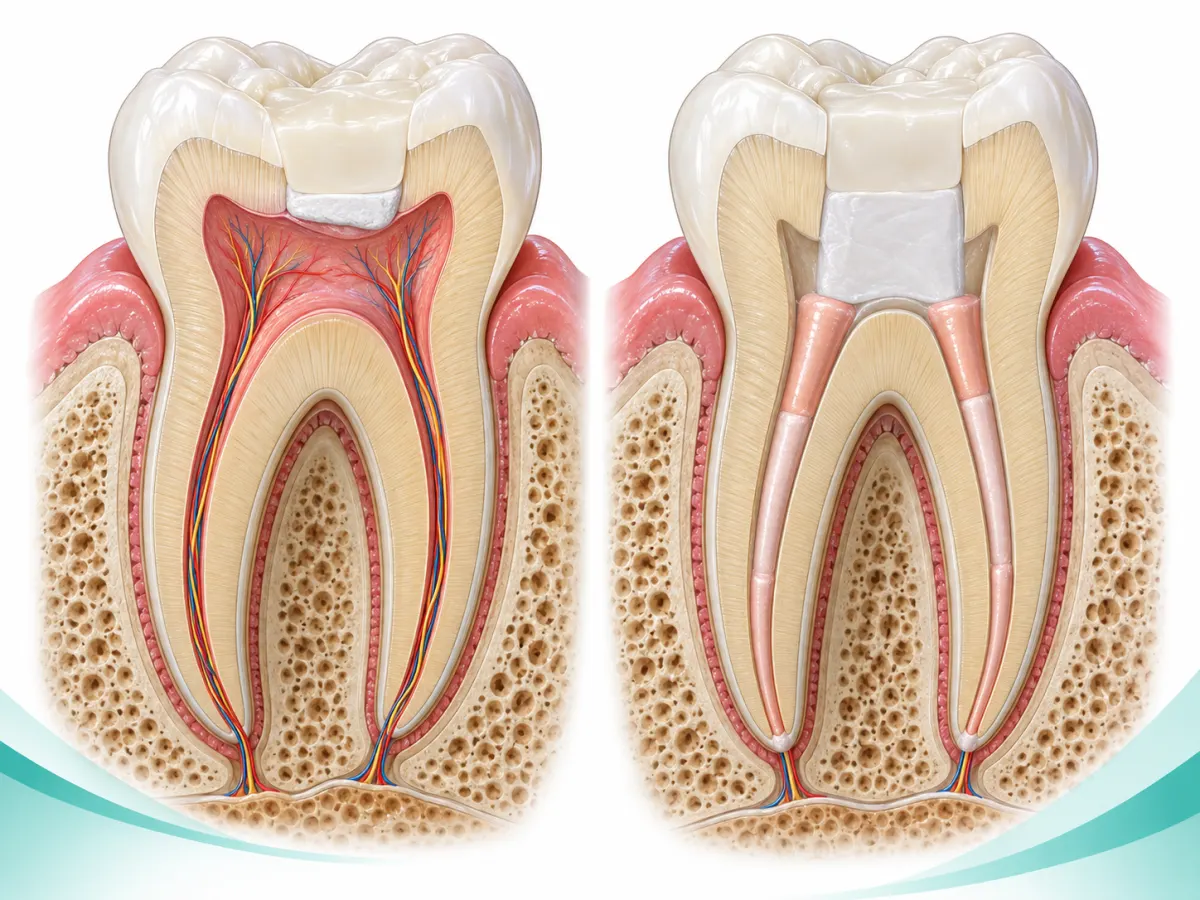 Illustration comparing vital pulp therapy, with a protective layer over a living pulp beneath the restoration, and a root canal treated tooth with filled canals
